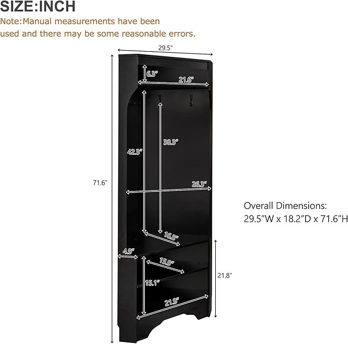 LUMISOL Modern Corner Hall Tree with Shoe Bench for Entryway, Mudroom Coat Rack with 4 Hooks, Corner Cabinet with Adjustable Shelf for Living Room Hallway, Black