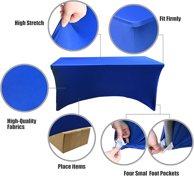 6 Pack - Elegant Blue Stretch Spandex Table Cover (72Lx30Wx30H Inches), Non-Iron Fitted Tablecloth for 6-Foot Rectangular Folding Tables -Ideal for Banquets, Weddings & Festivals