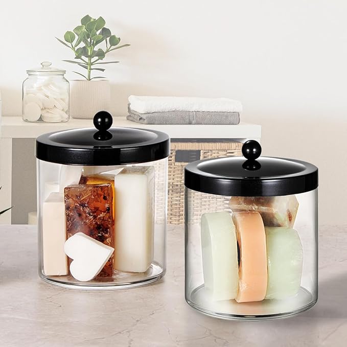 2 Pack 50 Oz Large Plastic Apothecary Jar with Black Stainless Steel Lid - Shatterproof Laundry Pods Container - Modern Industrial Bathroom & Kitchen Storage Organizer for Scent Beads, Bath Bombs