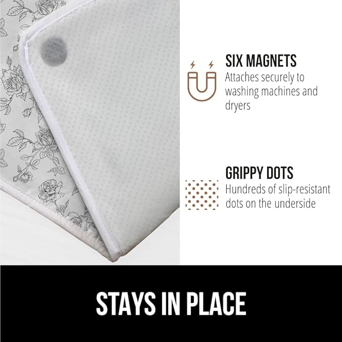 GORILLA GRIP Ironing Mat, Portable Iron Pad, Magnetic Cover for Top of Laundry Washer, Dryer, Tabletop, Countertop Padded Blanket, Silicone Coating and Scorch Resistant, Travel Size 28x24, Gray Floral