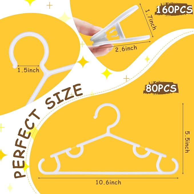 Hsei 5/10/40 Pack Baby Hangers with 10/20/80 Clips, Plastic Kids Pants Hangers for Nursery Closet Top and Bottom Clothes Hanger Set for Newborn Infant Toddler(80 Packs Total,White,10.6 Inch)