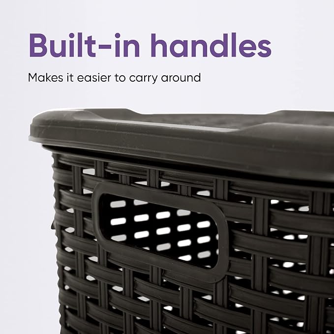Plastic Laundry Hamper with Lid 3 Pack Laundry Hamper Basket, Brown Tall Cloths Hamper Organizer with Cut-out Handles. Space Saving for Laundry Room Bedroom Bathroom, Wicker Design 60 Liter