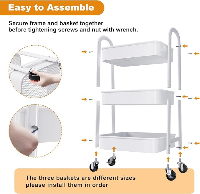 3 Tier Rolling Cart with Wheels for Pantry Organizers and Storage, Metal Utility Kitchen Cart for Fruit and Vegetable Storage, Snack Carts for Kitchen Organization, Art, Craft, Bathroom, Lash, White