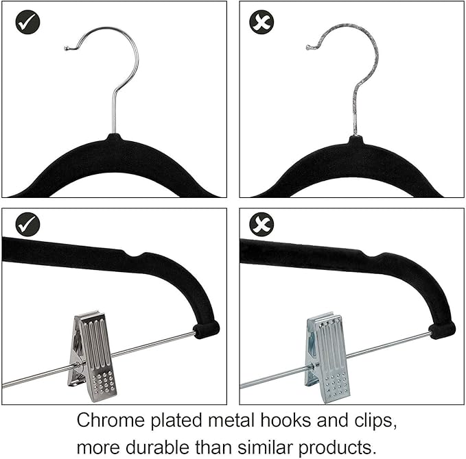 Premium Velvet Hangers with Clips, 10-Pack, Black, Non-Slip Pants and Clothes Hangers with Adjustable Metal Grips