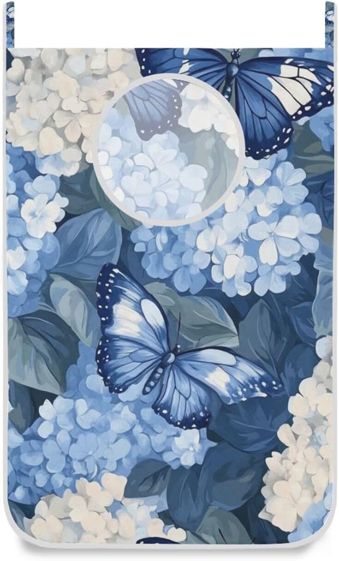 Blue Hydrangea and Butterfly Door Hanging Laundry Hamper Bag with Free Adjustable Stainless Steel Hooks Dirty Clothes Hamper Extra Large Over the Door Laundry Hamper 29.5X20inch 2Pack