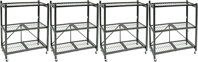 Origami 4-Pack R3 Storage Rack, 3-Tier Heavy-Duty Foldable Steel Shelf with Wheels, Pewter