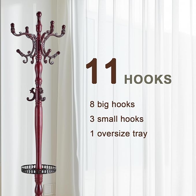 Wooden coat rack stand, Heavy duty coat racks tree freestanding with storage basket, Coat tree for jacket,Hats, Bags, Purses, clothes (Triangular base-Redwood 1)