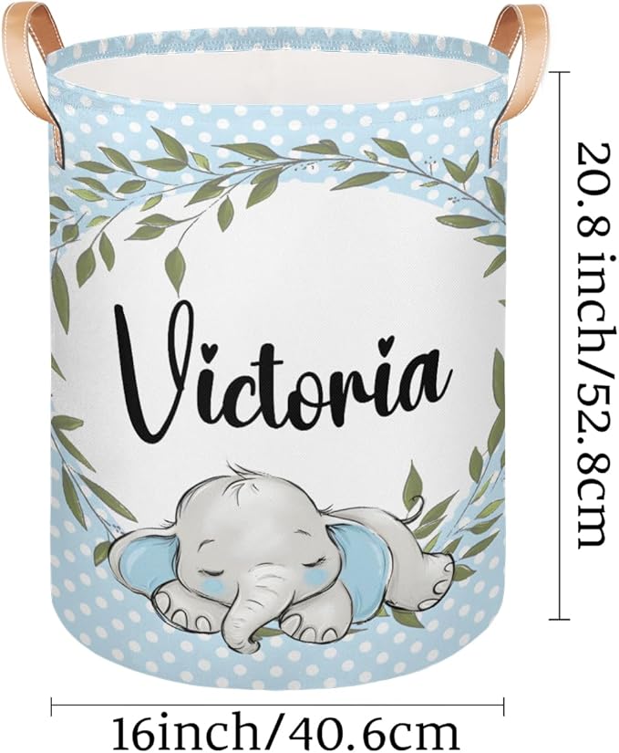 Personalized Laundry Basket, Custom Gift Laundry Hamper, Collapsible Nursery Waterproof Laundry Baskets, Dirty Clothes Toy Hamper with Handles Greenery Wreath Blue Elephant