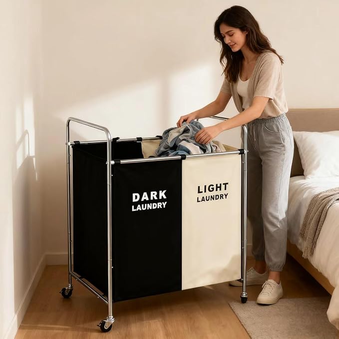 Laundry Basket with Wheels, 180l Hamper with Laundry Bag for Dirty Clothes, Dorm Room Essentials, Towel Organization & Toys Storage Laundry Cart in Laundry Room Organization (White+Gray)