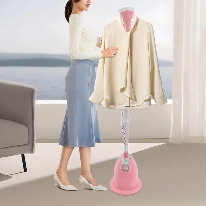 Standing Garment Steamer with Ironing Board,Adjustable Height Standing Steamer - 1.4L Water Tank,Fast Heats in 45s, Double-Insulated Steam Hose (Pink)