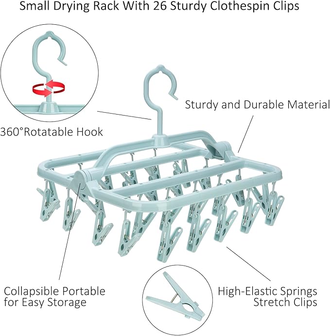 Foldable Clip Hangers with 26 Drying Clips, Underwear Hanger with Clips, Plastic Laundry Clip and Drip Drying Hanger for Socks, Bras, Lingerie, Clothes, Sturdy, Blue, 2pc