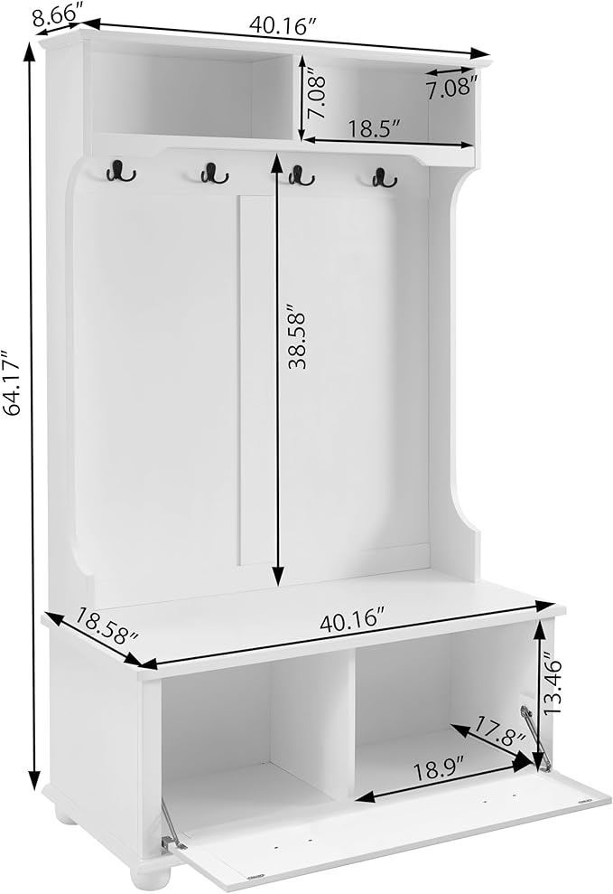 4-in-1 Design Hall Tree Coat Hanger with 4 Hooks and with Two Top Open Storage Shelves, Wood Entryway Coat Rack with Storage Bench for Entrance Hallway (White-3)
