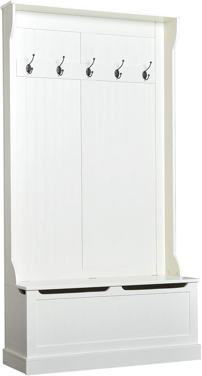 HOMCOM Hall Tree with Bench and Shoe Storage, 3-In-1 Entryway Bench with Coat Rack, 5 Hooks and Flip Top Storage Compartment, Cream White