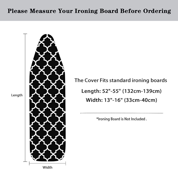 Black & White Moroccan Lattice Durable Iron Board Cover Non Stick Scorch Easy-Fit Ironing Board Cover Standard Size with Elastic Edge and Hook & Loop Fastener Strap