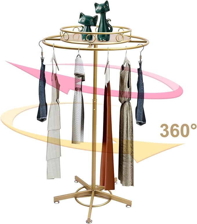 Rotatable Round Garment Rack, Floor Standing Iron clothes Hanging Rack with Topper, Suitable for Large Shopping Malls Retail, Clothes Boutique Display Laundry Rooms Multi-Purpose Hanging (Gold)