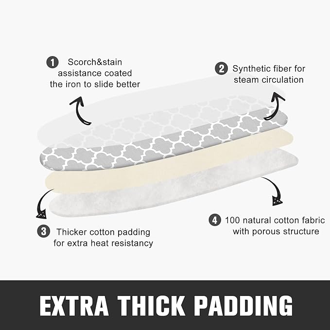 Ironing Board Cover and Pad, Standard Size 15" x 54" Iron Board Replacement Cover, 4 Layers Extra Thick Iron Board Cover Resist Scorching and Staining with Elastic Edge and 2 Fastener Straps