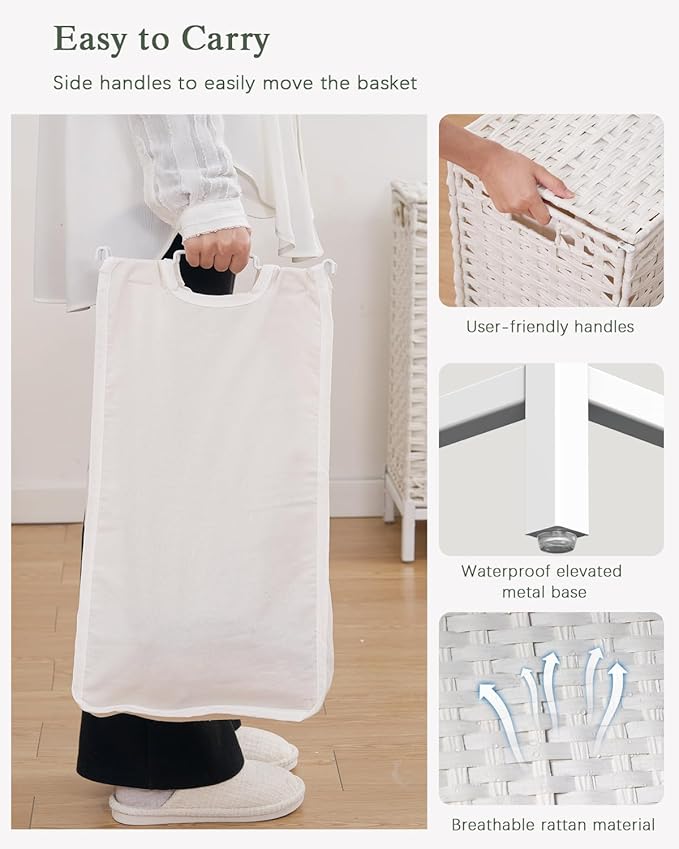Laundry Hamper with Lid,112 L Handwoven Rattan Wicker Laundry Basket, 2 Removable Liner Bags Metal Heightened Feet,6 Mesh Bags,2 Section Large Clothes Hamper for Bathroom Bedroom, Cloud White