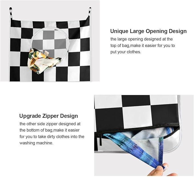 Checkered Black and White Hanging Laundry Hamper Door Hampers Bag Basket with Stainless Steel Hooks Oxford Fabric Printing Decorative Clothes Bags 29.5X20inch 2Pack