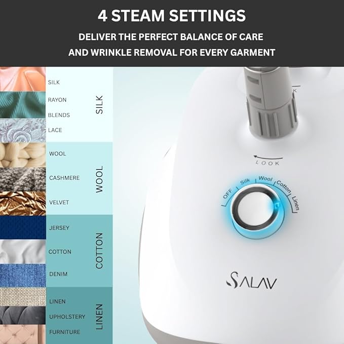 SALAV® Standing Steamer for Clothes, 1500W Powerful Garment Steamer with Roll Wheels, 4 Steam Settings, High Efficiency Stainless Steel Plate, with Limescale Remover Descaler Packets