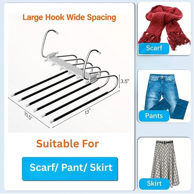 Space-Saving 6-Tier Metal Pants Hanger with Non-Slip Coating, Pack of 2, 12 Hooks Included, Stainless Steel Design, Can Reduce 80% of Clutter, for Holidays - White