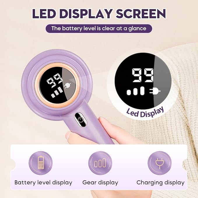 Rechargeable Fabric Shaver, 2025 New Electric Lint Remover Shaver 3 Modes Lint Remover for Clothes 6-Blade, 3-Speed Defuzzer Remove Fuzz, Pills for Clothes, Upholstery, Furniture (Purple)
