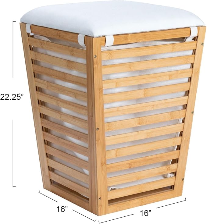 Household Essentials Slatted Natural Bamboo Hamper with Cushioned Lid and Removable Cotton Bag, Natural