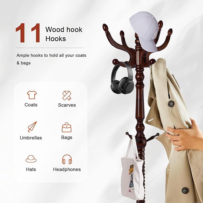 Wooden Coat rack freestanding, Coat racks stand with 11 Hook, Heavy duty coat tree standing 2 Adjustable Heights for Bedroom, Entryway, Hallway, Office,Stury Base (Brown disc)
