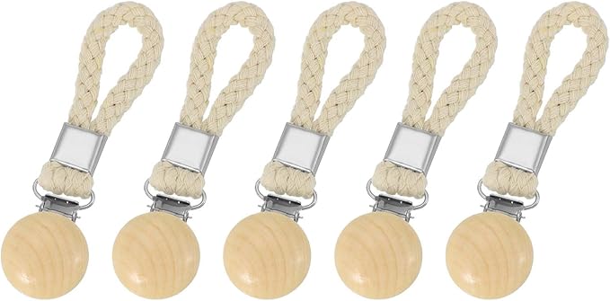 uxcell 5 Pcs Tea Towel Clips with Cotton Loop for Hanging, 4.3 Inch Metal Towel Hooks Multipurpose Cloth Hangers for Home Kitchen Bathroom, Beige(Wooden)
