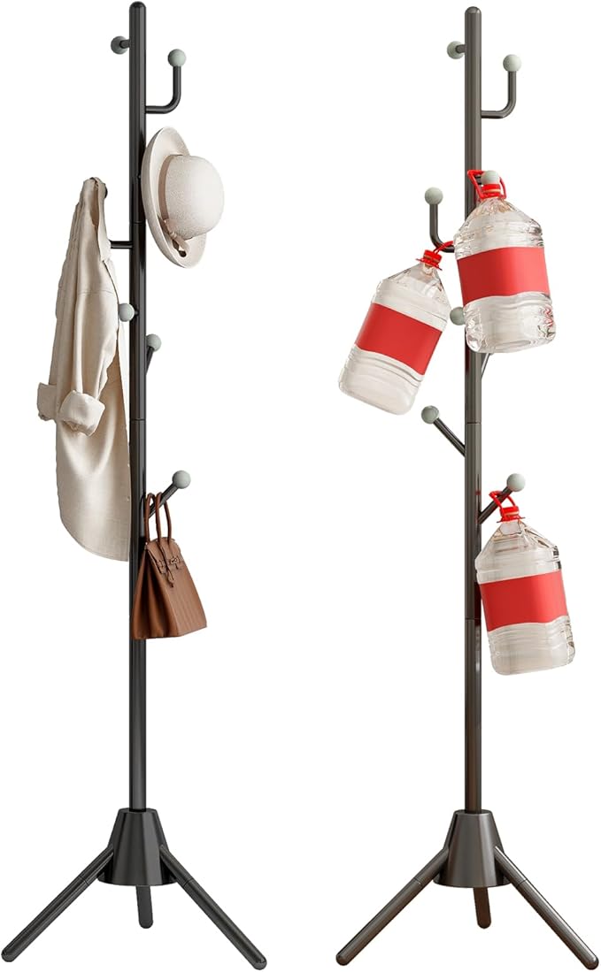 Anti-Tip Coat Rack with 8LB Weighted Base, Heavy Duty Metal Coat Rack Freestanding with 8 Hooks, 3 Adjustable Height Sturdy Clothes Rack Space Saving Organizer Stand for Entryway, Bedroom, Office