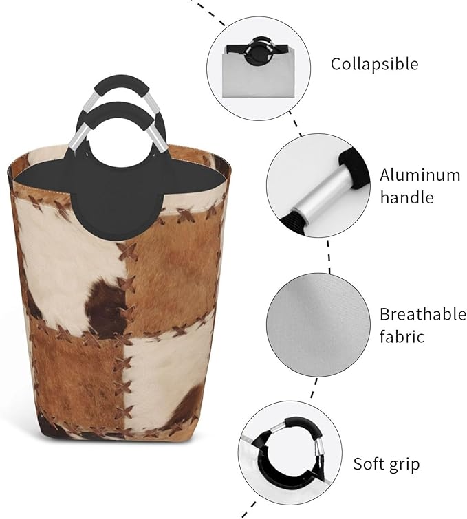 Brown Cow Print Laundry Basket Cowhide Laundry Hamper Animal Collapsible Baskets with Handle Dirty Clothes Hamper Bag for Dorm Family Bathroom Decor Storage 50L