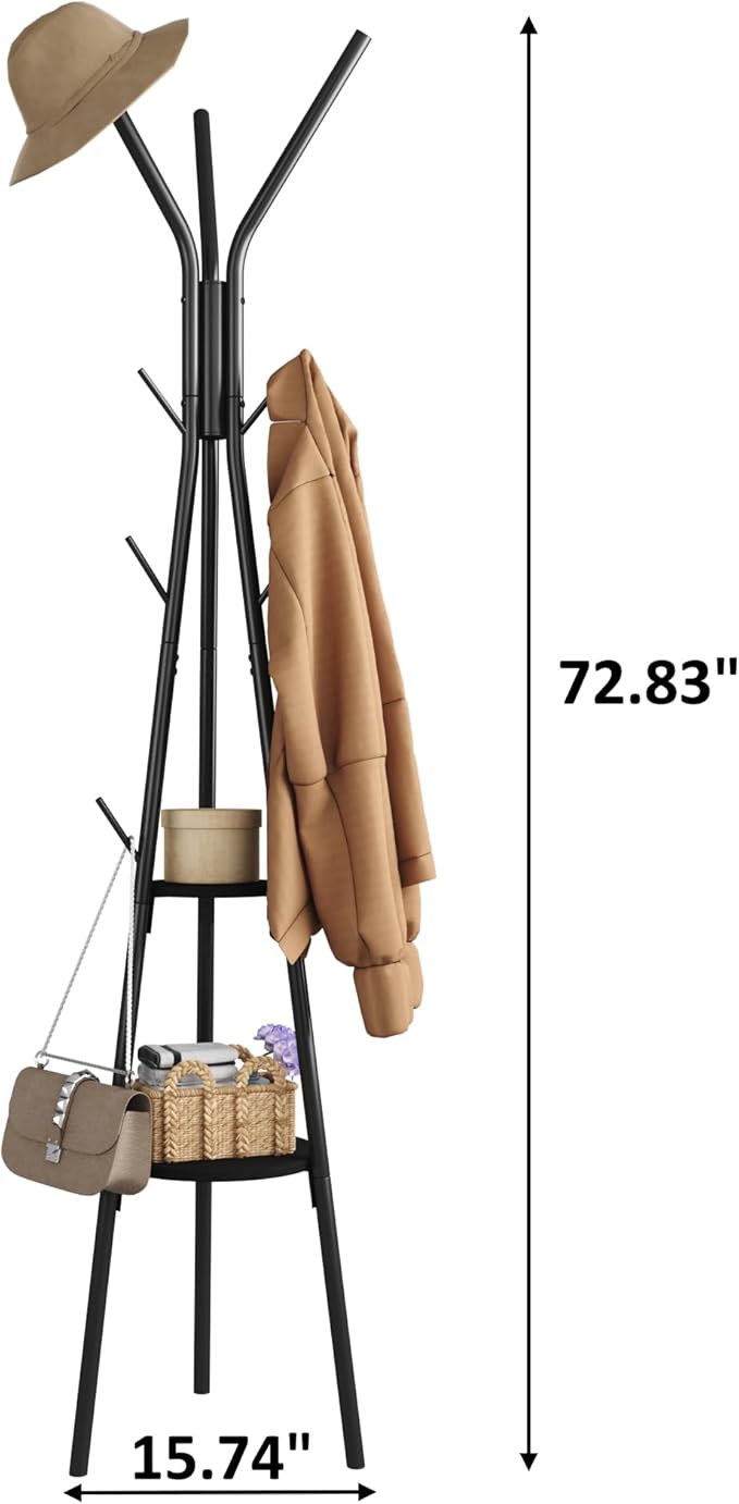 HOMEFORT Coat Rack, Coat Hanger Stand with 2 Shelves, Freestanding Hall Tree, Metal Hat Hanger with 12 Hooks for Clothes Hats and Scarves (Black)