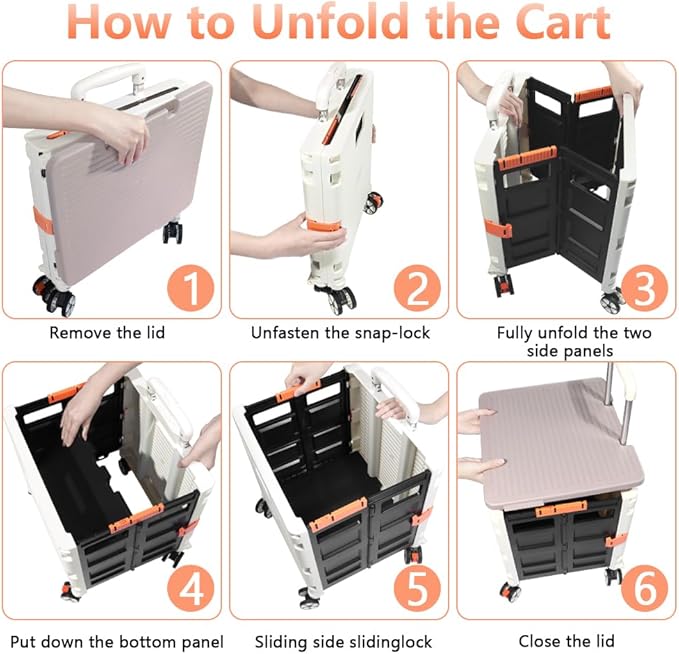 FELICON SELORSS Foldable Utility Cart Folding Portable Rolling Crate Handcart with Durable Heavy Duty Plastic Telescoping Handle Collapsible 4 Rotate Wheels for Travel Shop Move Luggage Office(White)