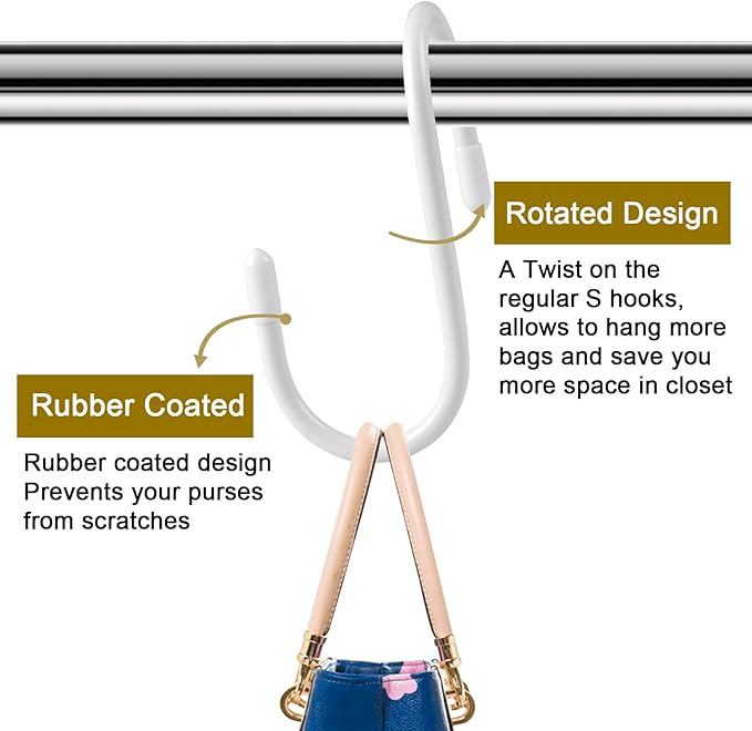 HiGift 12 Pack Purse Hanger for Closet, Unique Twist Design White Vinyl Coated Bag Hooks Organizer hanging, Large Closet Hooks Purse Organizer Holder for Hanging Purses,Handbag,Belt,Hat,Backpack,Jeans