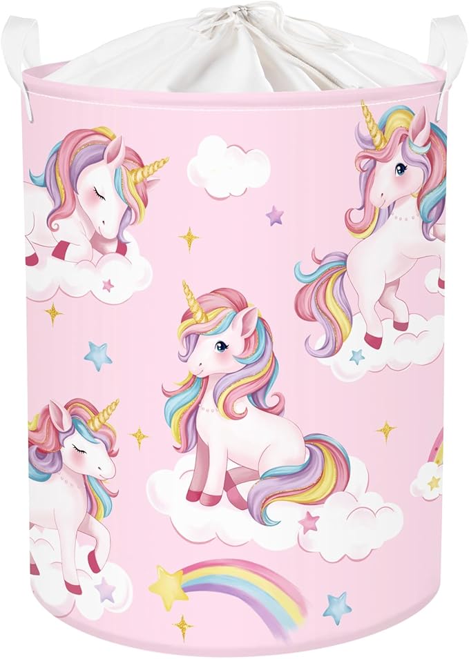 Unicorn Laundry Hamper Large Storage Basket Rainbow Clouds Collapsible Parents Organizer Kids Toy Clothes Bins for Bedroom, Bathroom, Stars, 63L