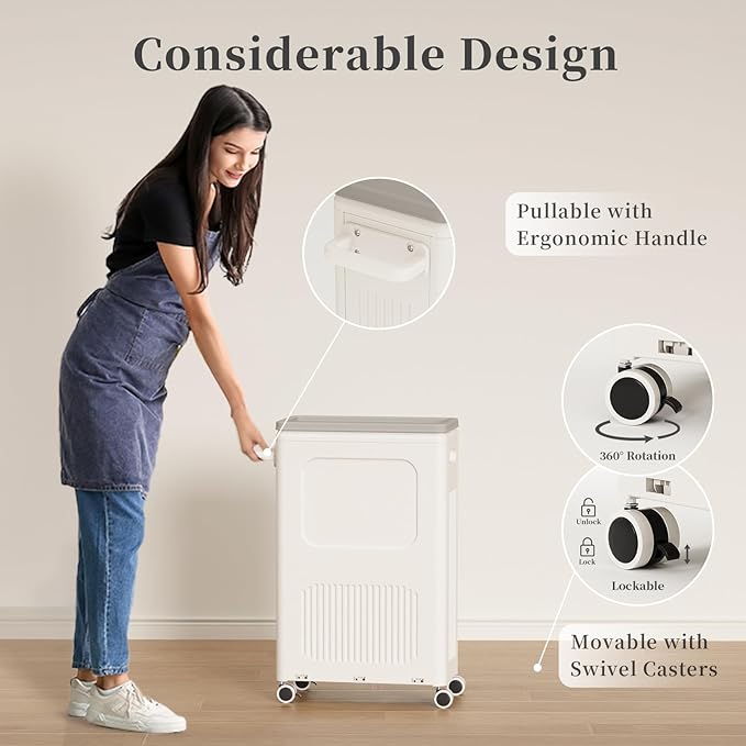 HAIXIN HOME Slim Laundry Hamper with Lid, 50L Plastic Tall Laundry Basket with Wheels, Compact Size for Narrow Space, Rolling Laundry Cart with Handle for Easy Transport to Laundry Room