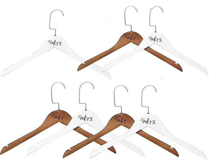 Mr. and Mrs. Wooden Bride Hanger Hangers, 7 Pieces (4 Ｗhite + 3 Ｖintage)
