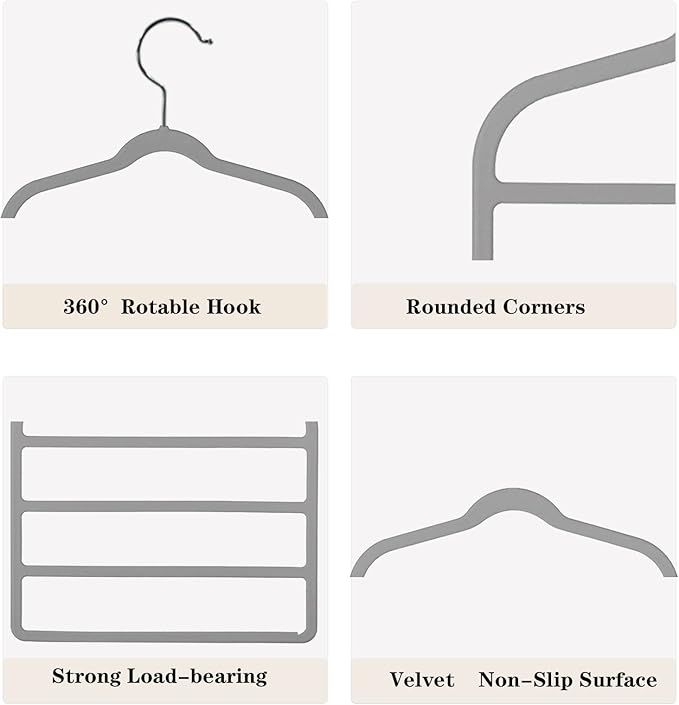 Velvet Pants Hangers Space Saving Hangers Closet Organizer for Jeans Slack Trousers Scarf Tie Pants Rack Leggings Hanger Non-Slip Hangers Multiple Clothes Holder (Grey, 3)