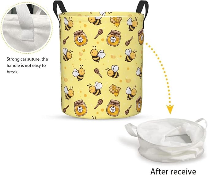 Dujiea Bees Honey Laundry Basket Round with Handle, Collapsible Foldable Canvas Storage Bin Dirty Clothes Bag for Laundry/Toys Organizer/College Dorm/Nursery/Decor(2 Sizes)