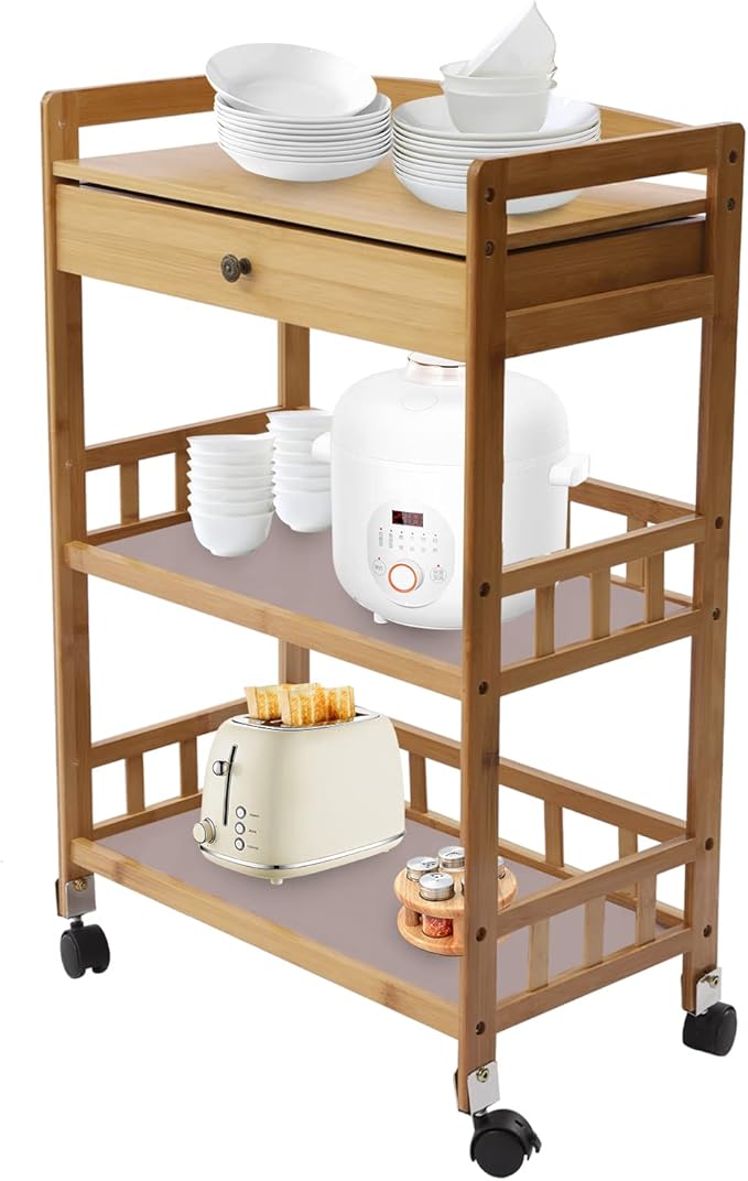 3 Tiers Bamboo Home Rolling Kitchen Trolley w/Storage Drawer Stand, Bamboo Kitchen Storage Cart, Natural Appearance, Rounded Corners, for Kitchen, Bathroom,Laundry,Living Room