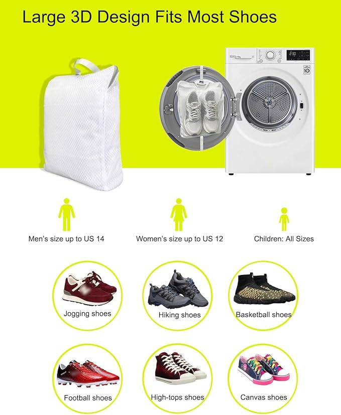 3D Sneaker Dryer Bag, 2-In-1 Shoe Wash and Dry Net Bag for Dryer Door with Non-Slip Elastic Straps, Large Mesh Laundry Bag for Shoes, White, 15.7 x 11.8 x 3.1 Inches