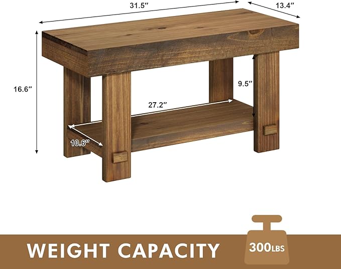 Solid Wood Entryway Bench - 31.5" Farmhouse Small Storage Benches, Narrow Bench Seat for Indoor, Entryway, Dining Room, Living Room and Hallway, Rustic Natural