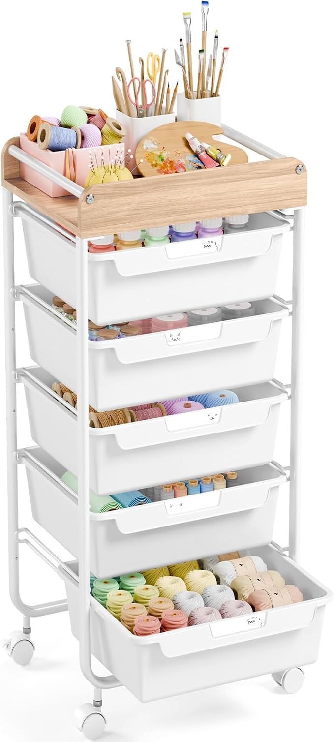 APEXCHASER Plastic Drawer Organizers with 5 Deep Drawers, Rolling Utility Cart with Wooden Top,Craft Storage Cart for Paperwork,Crafts,Snack,Kids’ Room,Nursery,White