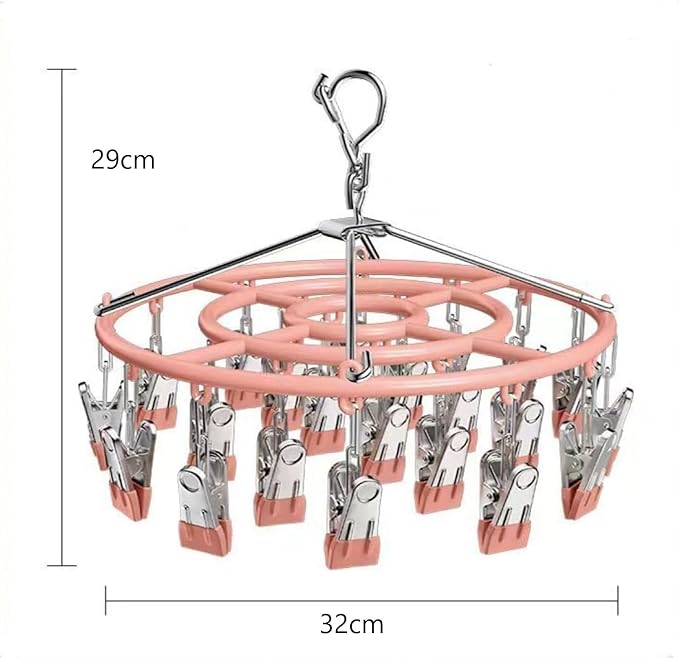 Drying Rack for Sock, Stainless Steel Sock Drying Rack with 24 Clips, Swivel Hook Windproof Hanger for Sock, Bras, Towel, Underwear, Laundry, Hat, Scarf, Pants, Gloves(Apricot)