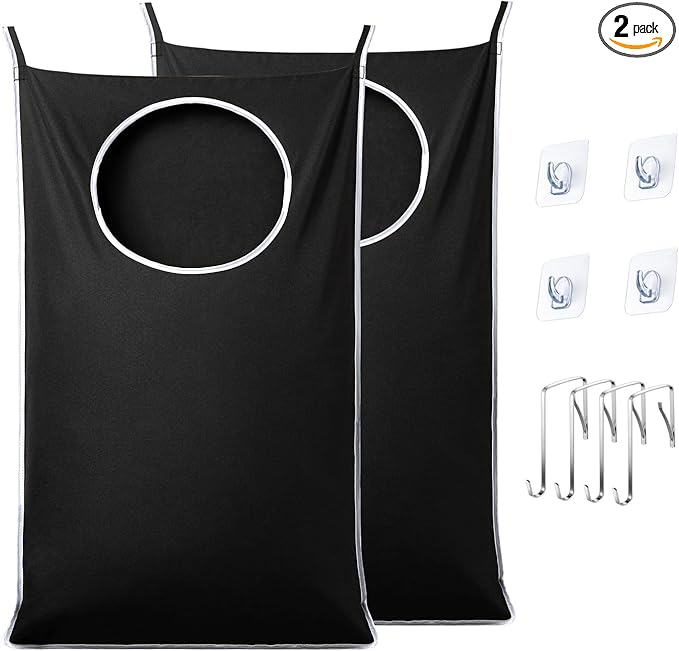 2 Pack XL Hanging Laundry Hamper, Extra Large Tear-Resistant Door Organizer with 2 Hook Types, Space-Saving Laundry Bag (36.5" x 22", Black)