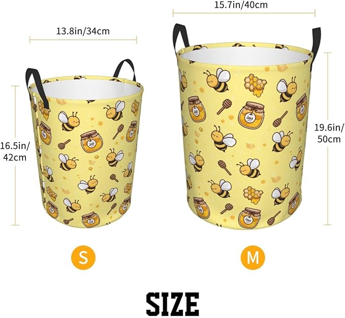 Dujiea Bees Honey Laundry Basket Round with Handle, Collapsible Foldable Canvas Storage Bin Dirty Clothes Bag for Laundry/Toys Organizer/College Dorm/Nursery/Decor(2 Sizes)