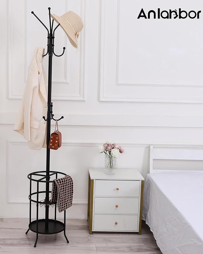 Metal Coat Rack Freestanding Coat Rack with Umbrella Stand, Black Coat Tree with 12 Hooks for Clothes Hats Bags, Modern Coat Hanger Stand for Entryway Living Room Bedroom Office Use