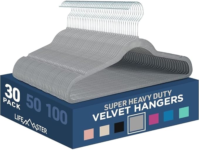 Lifemaster Velvet Non-Slip Hangers - 50 Pieces Non-Slip Coat Hanger Set with 360° Swivel Hook, Space-Saving, Sleek Design, Keep Closet Organized, Smooth Velvet Finish, Lightweight Construction - Gray