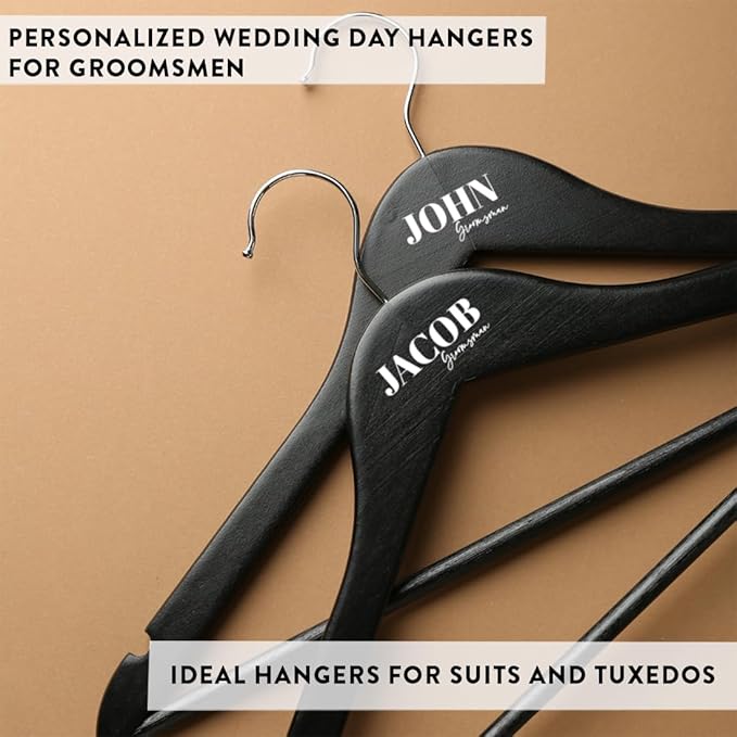 Andaz Press Custom Groomsmen Hanger for Wedding Suit, Personalized Wooden Suit Hangers for Groomsmen Gifts, Custom Name Premium Brown Dark Wood or Black Wood Clothes Hanger for Wedding Day, 1-Pack