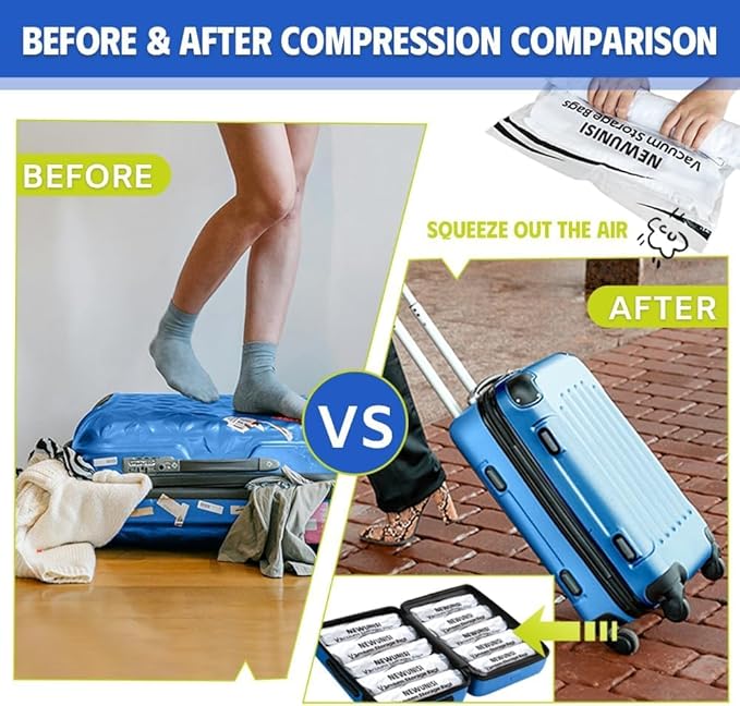 12 Pack Compression Bags for Travel, Roll Up Reusable Travel Space Saver Vacuum Storage Bags for Luggage, Camping, and Storage (No Vacuum or Pump Needed).