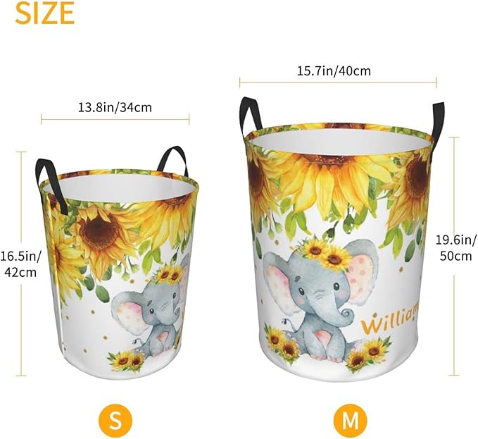Cute Elephant Sunflowers Personalized Laundry Hamper Custom with Name Collapsible Waterproof Storage Basket with Handles for Bedroom Clothes Toys.